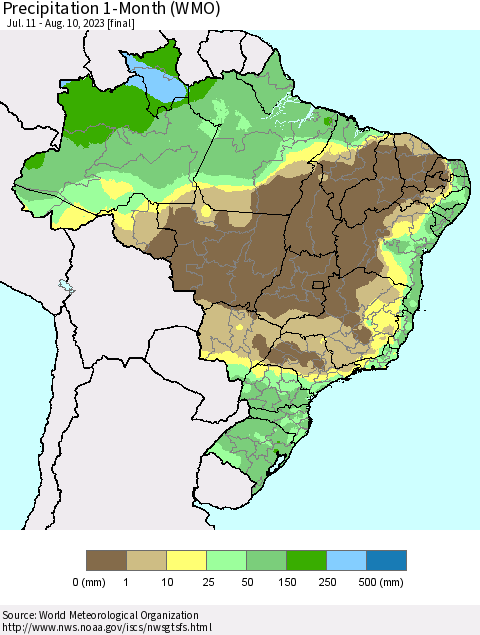 Brazil Precipitation 1-Month (WMO) Thematic Map For 7/11/2023 - 8/10/2023