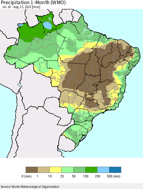 Brazil Precipitation 1-Month (WMO) Thematic Map For 7/16/2023 - 8/15/2023