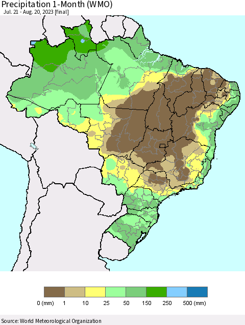 Brazil Precipitation 1-Month (WMO) Thematic Map For 7/21/2023 - 8/20/2023