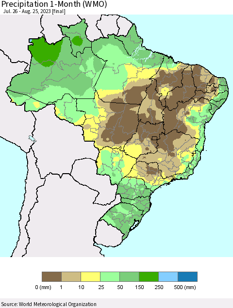 Brazil Precipitation 1-Month (WMO) Thematic Map For 7/26/2023 - 8/25/2023