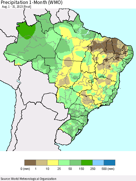 Brazil Precipitation 1-Month (WMO) Thematic Map For 8/1/2023 - 8/31/2023