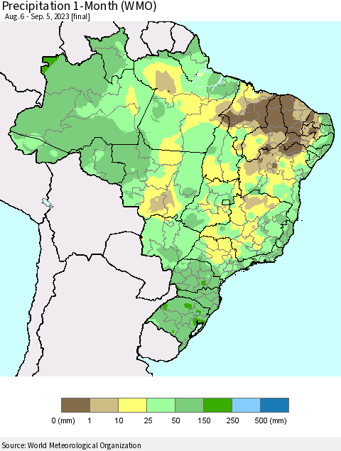 Brazil Precipitation 1-Month (WMO) Thematic Map For 8/6/2023 - 9/5/2023