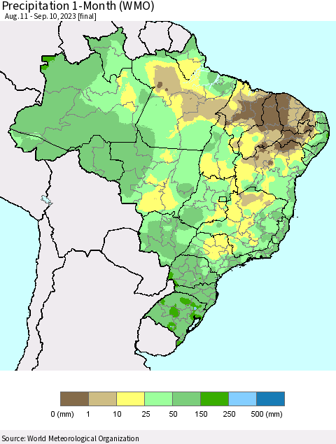 Brazil Precipitation 1-Month (WMO) Thematic Map For 8/11/2023 - 9/10/2023