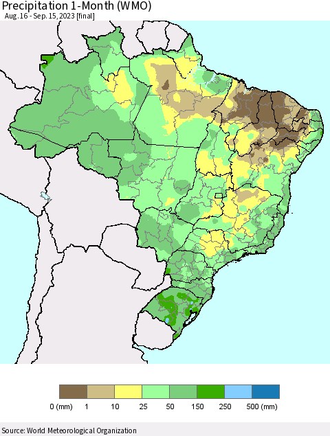 Brazil Precipitation 1-Month (WMO) Thematic Map For 8/16/2023 - 9/15/2023