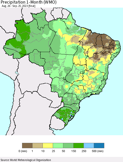 Brazil Precipitation 1-Month (WMO) Thematic Map For 8/26/2023 - 9/25/2023