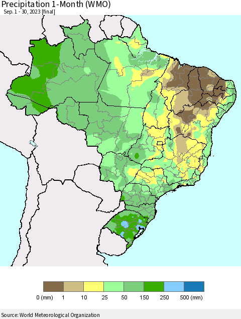 Brazil Precipitation 1-Month (WMO) Thematic Map For 9/1/2023 - 9/30/2023
