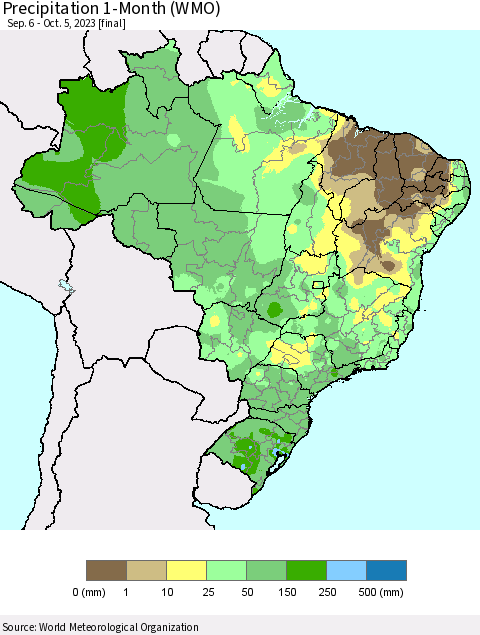 Brazil Precipitation 1-Month (WMO) Thematic Map For 9/6/2023 - 10/5/2023