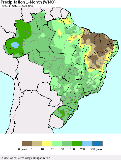 Brazil Precipitation 1-Month (WMO) Thematic Map For 9/11/2023 - 10/10/2023
