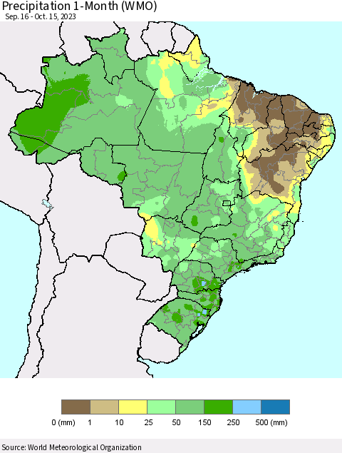 Brazil Precipitation 1-Month (WMO) Thematic Map For 9/16/2023 - 10/15/2023