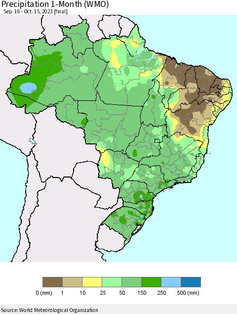 Brazil Precipitation 1-Month (WMO) Thematic Map For 9/16/2023 - 10/15/2023