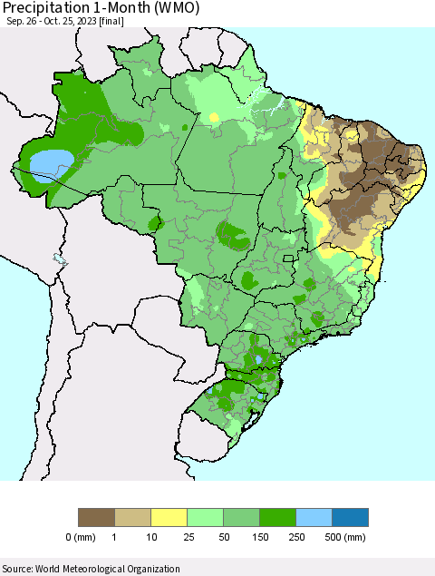 Brazil Precipitation 1-Month (WMO) Thematic Map For 9/26/2023 - 10/25/2023