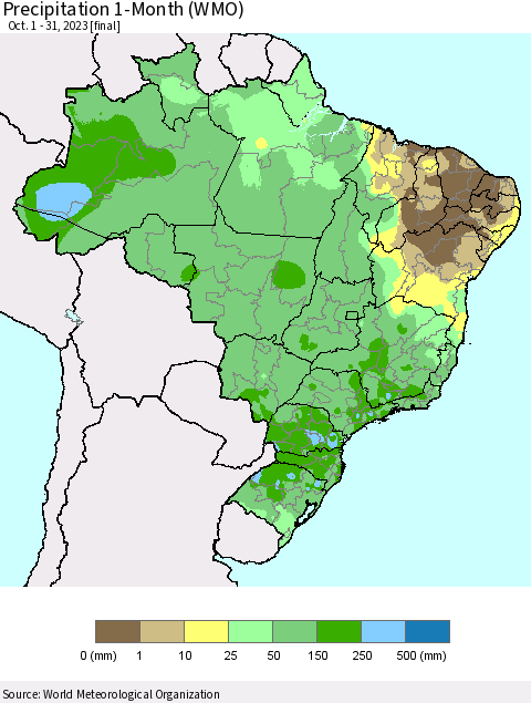 Brazil Precipitation 1-Month (WMO) Thematic Map For 10/1/2023 - 10/31/2023