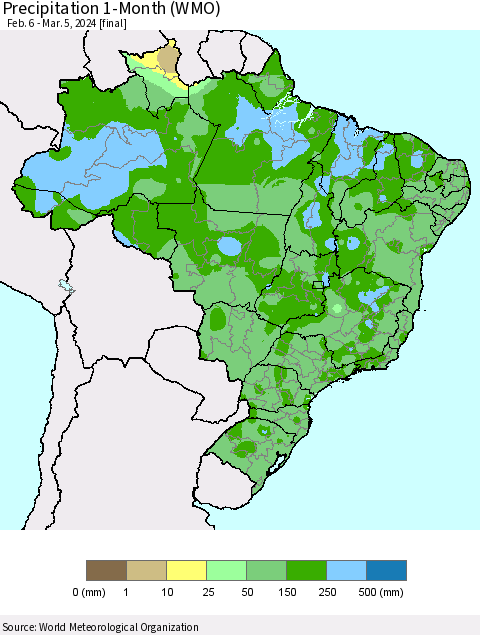 Brazil Precipitation 1-Month (WMO) Thematic Map For 2/6/2024 - 3/5/2024