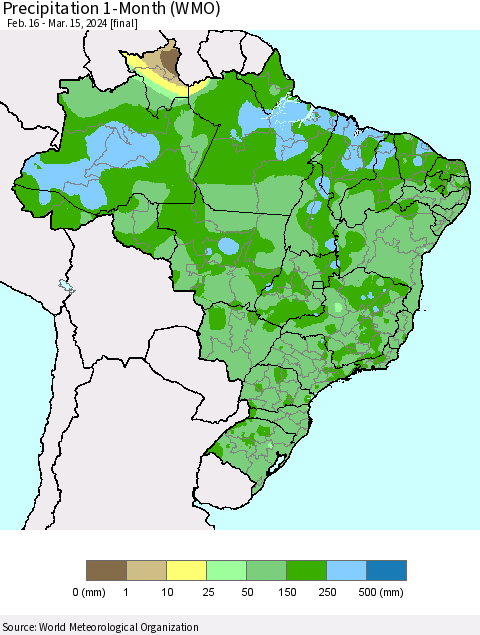 Brazil Precipitation 1-Month (WMO) Thematic Map For 2/16/2024 - 3/15/2024