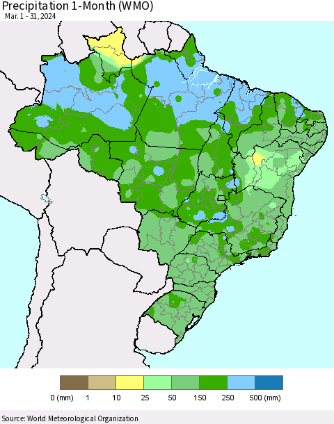 Brazil Precipitation 1-Month (WMO) Thematic Map For 3/1/2024 - 3/31/2024