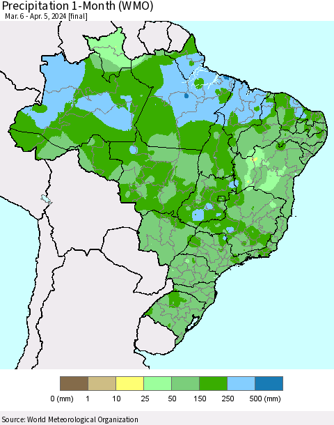 Brazil Precipitation 1-Month (WMO) Thematic Map For 3/6/2024 - 4/5/2024