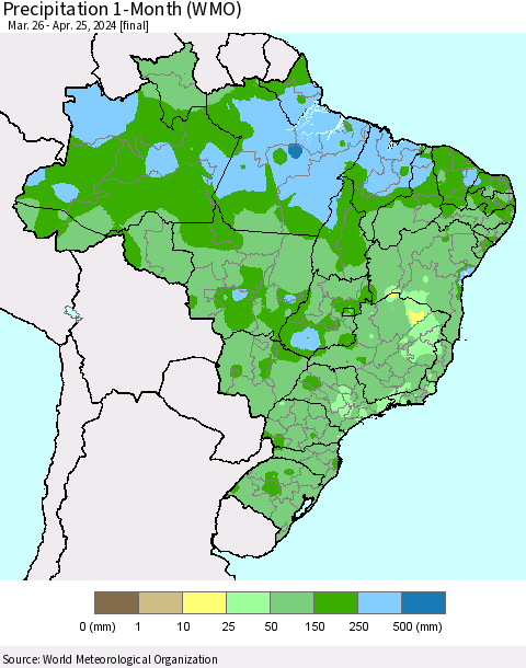 Brazil Precipitation 1-Month (WMO) Thematic Map For 3/26/2024 - 4/25/2024