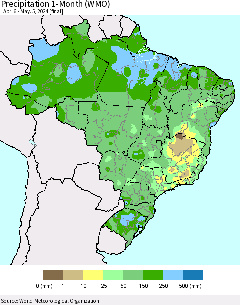 Brazil Precipitation 1-Month (WMO) Thematic Map For 4/6/2024 - 5/5/2024