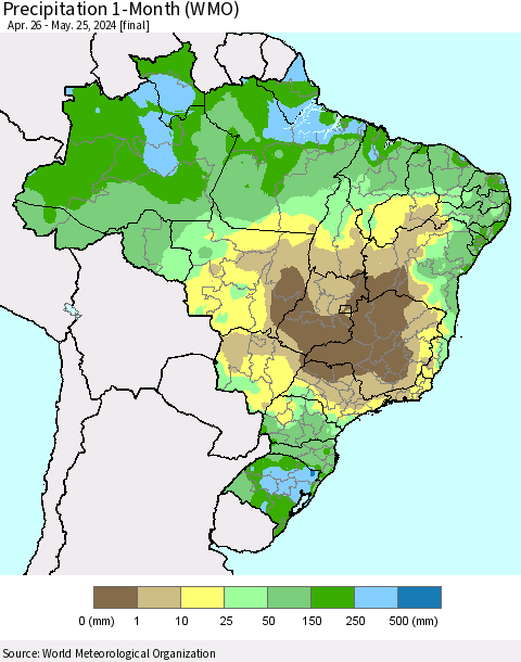 Brazil Precipitation 1-Month (WMO) Thematic Map For 4/26/2024 - 5/25/2024