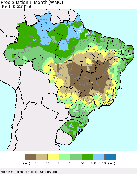 Brazil Precipitation 1-Month (WMO) Thematic Map For 5/1/2024 - 5/31/2024