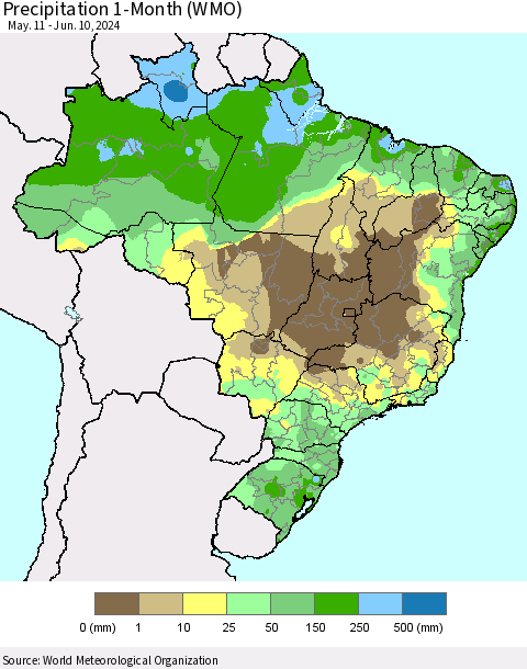 Brazil Precipitation 1-Month (WMO) Thematic Map For 5/11/2024 - 6/10/2024