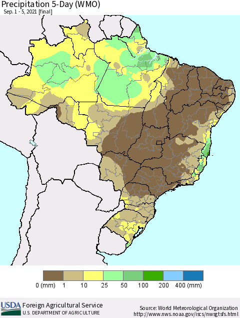 Brazil Precipitation 5-Day (WMO) Thematic Map For 9/1/2021 - 9/5/2021