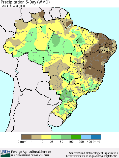 Brazil Precipitation 5-Day (WMO) Thematic Map For 10/1/2021 - 10/5/2021