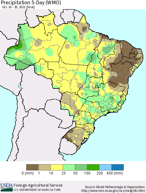 Brazil Precipitation 5-Day (WMO) Thematic Map For 10/16/2021 - 10/20/2021
