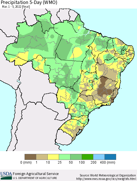 Brazil Precipitation 5-Day (WMO) Thematic Map For 3/1/2022 - 3/5/2022