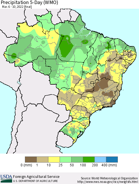 Brazil Precipitation 5-Day (WMO) Thematic Map For 3/6/2022 - 3/10/2022