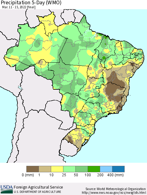 Brazil Precipitation 5-Day (WMO) Thematic Map For 3/11/2022 - 3/15/2022