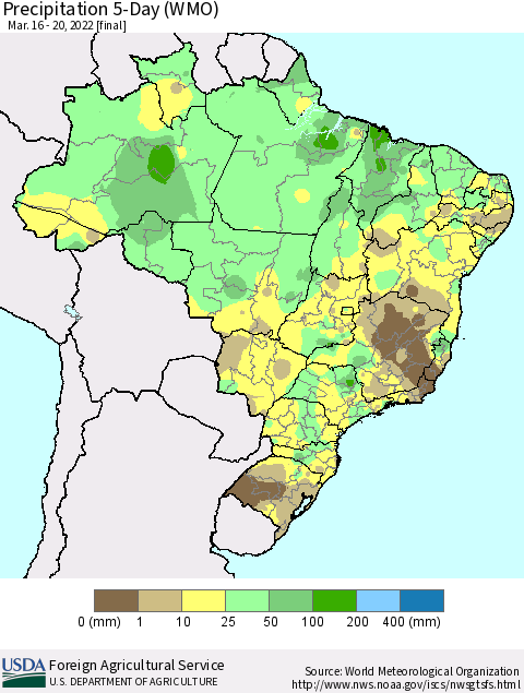 Brazil Precipitation 5-Day (WMO) Thematic Map For 3/16/2022 - 3/20/2022
