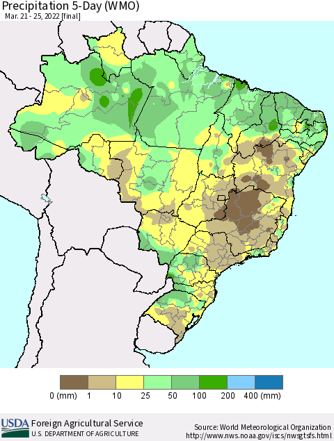Brazil Precipitation 5-Day (WMO) Thematic Map For 3/21/2022 - 3/25/2022