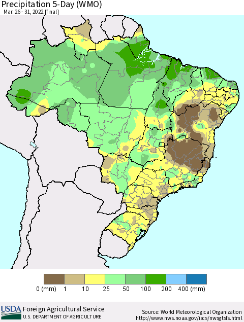 Brazil Precipitation 5-Day (WMO) Thematic Map For 3/26/2022 - 3/31/2022
