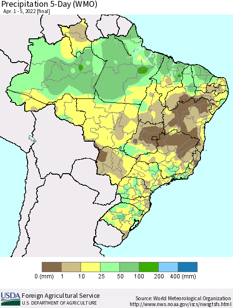 Brazil Precipitation 5-Day (WMO) Thematic Map For 4/1/2022 - 4/5/2022