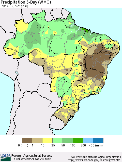 Brazil Precipitation 5-Day (WMO) Thematic Map For 4/6/2022 - 4/10/2022