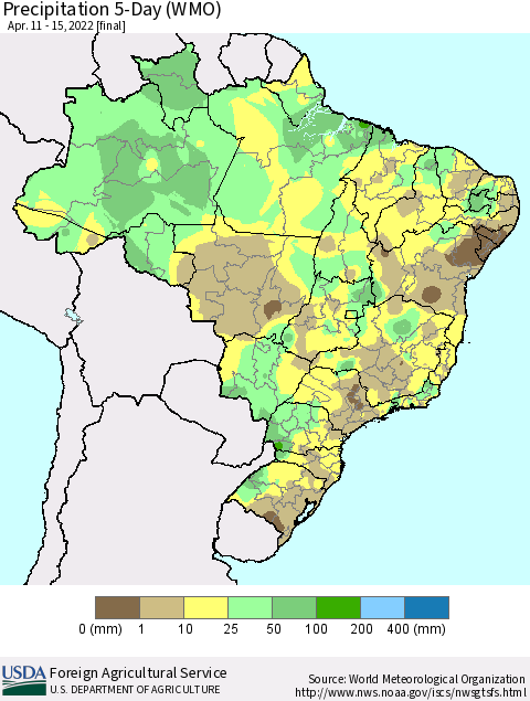 Brazil Precipitation 5-Day (WMO) Thematic Map For 4/11/2022 - 4/15/2022