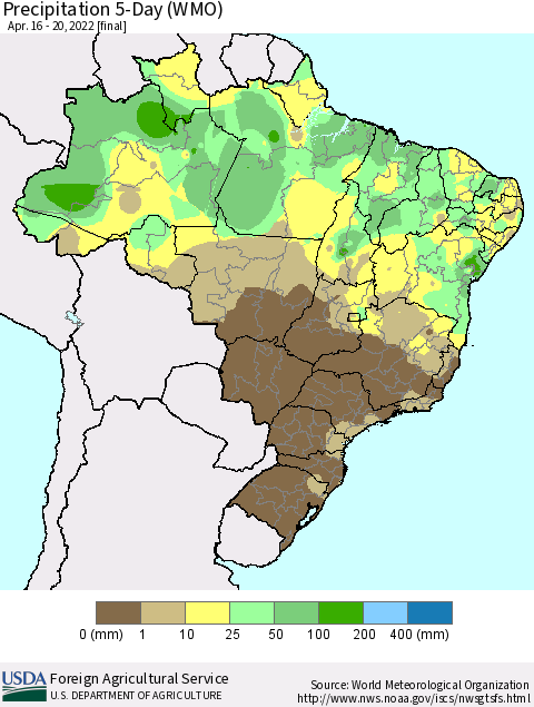 Brazil Precipitation 5-Day (WMO) Thematic Map For 4/16/2022 - 4/20/2022