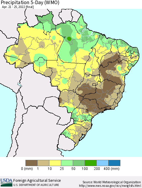 Brazil Precipitation 5-Day (WMO) Thematic Map For 4/21/2022 - 4/25/2022