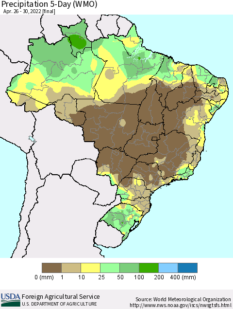Brazil Precipitation 5-Day (WMO) Thematic Map For 4/26/2022 - 4/30/2022