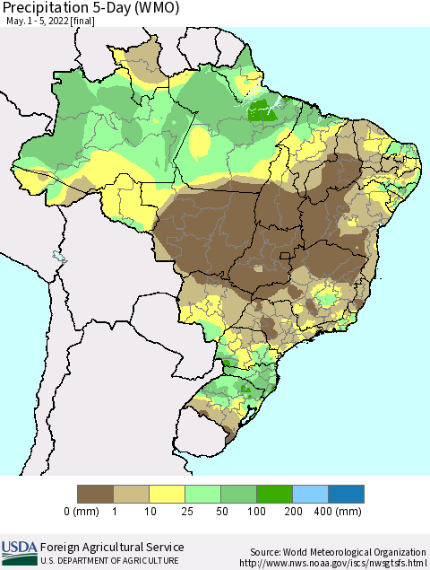 Brazil Precipitation 5-Day (WMO) Thematic Map For 5/1/2022 - 5/5/2022
