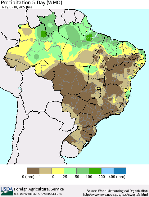 Brazil Precipitation 5-Day (WMO) Thematic Map For 5/6/2022 - 5/10/2022