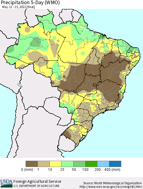 Brazil Precipitation 5-Day (WMO) Thematic Map For 5/11/2022 - 5/15/2022