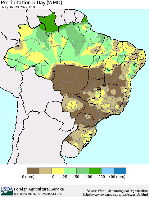 Brazil Precipitation 5-Day (WMO) Thematic Map For 5/16/2022 - 5/20/2022