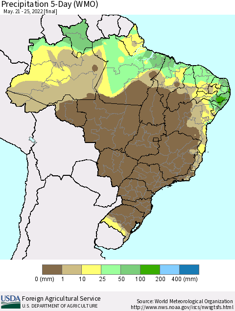 Brazil Precipitation 5-Day (WMO) Thematic Map For 5/21/2022 - 5/25/2022