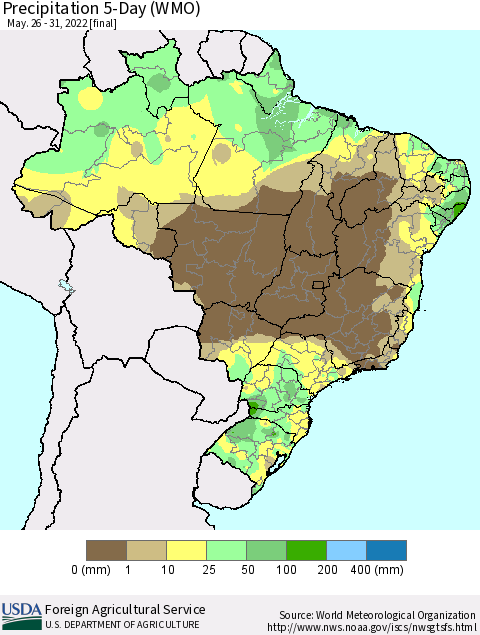 Brazil Precipitation 5-Day (WMO) Thematic Map For 5/26/2022 - 5/31/2022