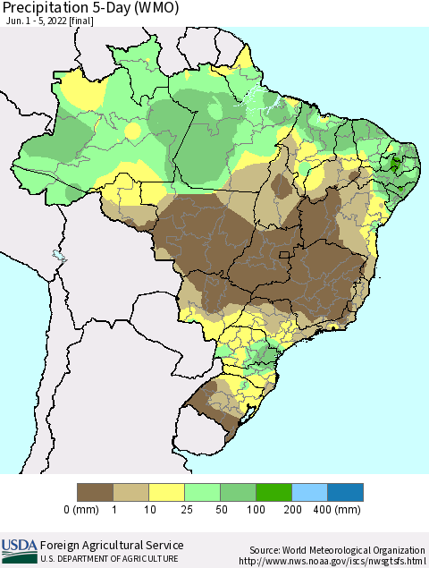 Brazil Precipitation 5-Day (WMO) Thematic Map For 6/1/2022 - 6/5/2022