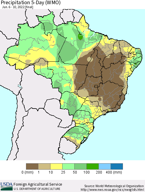 Brazil Precipitation 5-Day (WMO) Thematic Map For 6/6/2022 - 6/10/2022