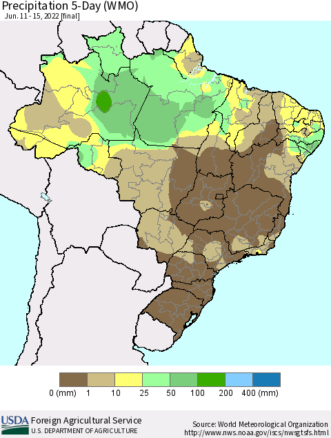 Brazil Precipitation 5-Day (WMO) Thematic Map For 6/11/2022 - 6/15/2022