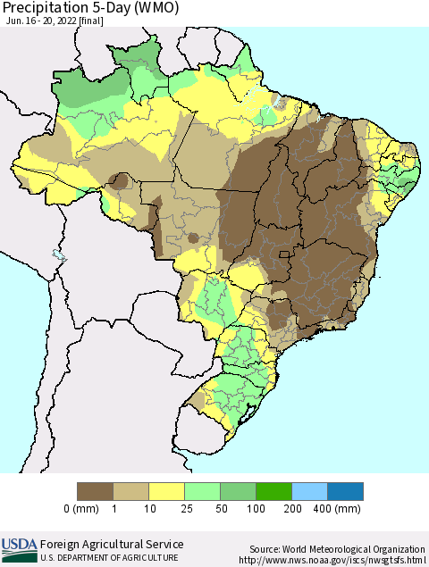 Brazil Precipitation 5-Day (WMO) Thematic Map For 6/16/2022 - 6/20/2022